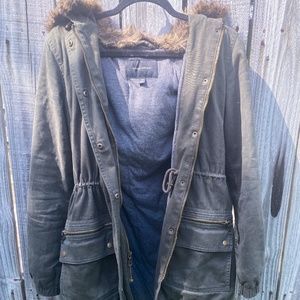 Banana Republic Army Green Coat with Fur Hood